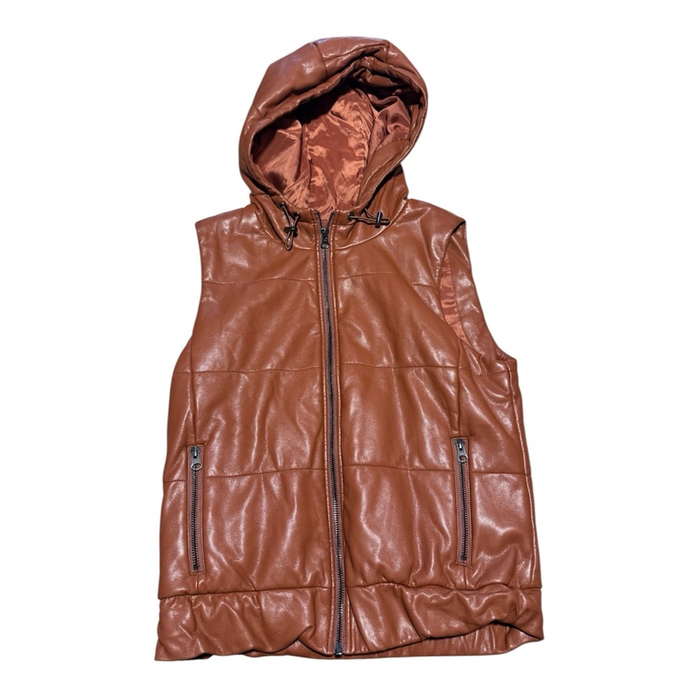 J. Society Women's Hooded Faux Leather Brown Vest Small Zipper Pockets Outdoor